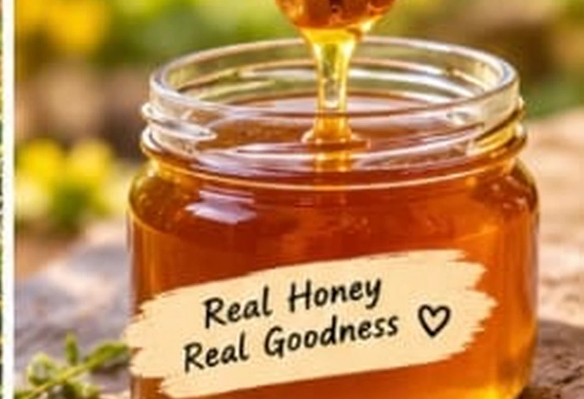 Golden honey being poured into a glass jar